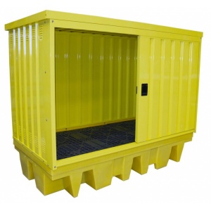 Twin IBC Spill Bund Pallet with External Steel Cabinet with easy glide sliding doors