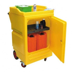 Polythene mobile Work Stand with Door and sump on wheels PWSD
